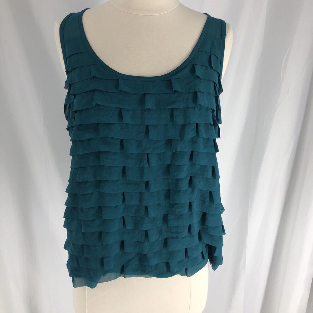 Ann Taylor Top Womens Large Green Sleeveless Tank Woven Layer Scoop Neck